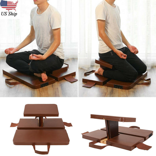 Zen Meditation Wooden Stool Bench Folding Kneelin Yoga Cushion Pad Mat Chair US