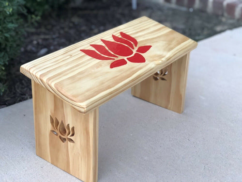 Hand Made Red Lotus Meditation Bench. Hand Painted Lotus Flower and Lotus Legs