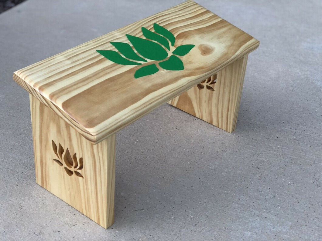 Hand Made Meditation Bench. With Green Hand Painted Lotus Flower and Lotus Legs