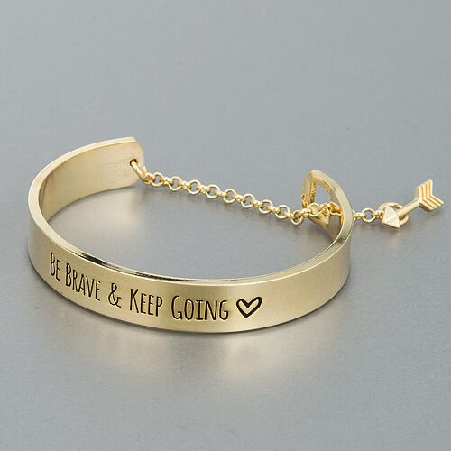 Gold Finish Be Brave & Keep Going Chain Toggle Statement Bangle Bracelet
