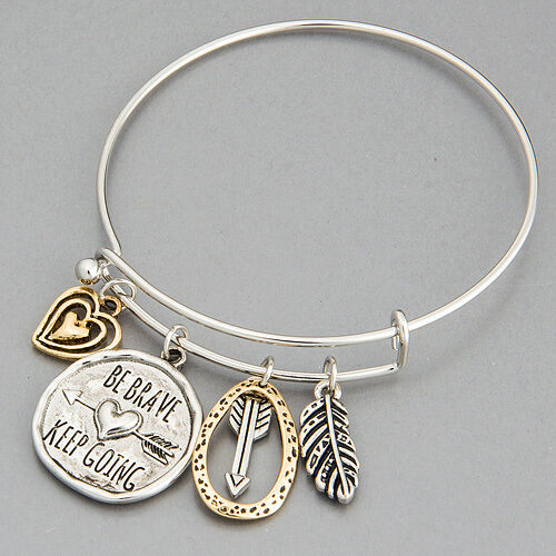 Silver Gold Heart Arrow Feather Be Brave Keep Going Charm Bangle Bracelet
