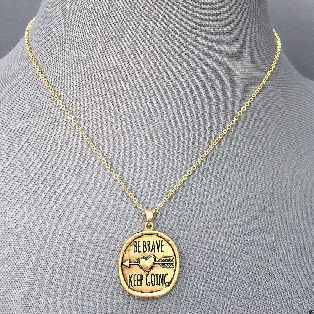 Gold Chain Arrow Be Brave And Keep Going Message Circle Pendant Necklace