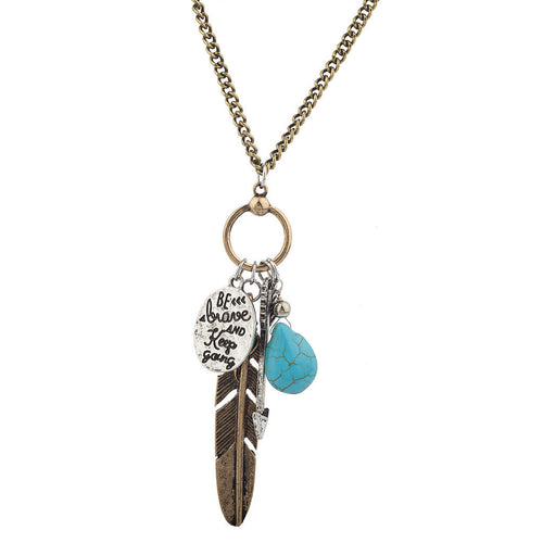 Lux Accessories Burnished Gold Turquoise Be Brave Keep Going Charm Necklace