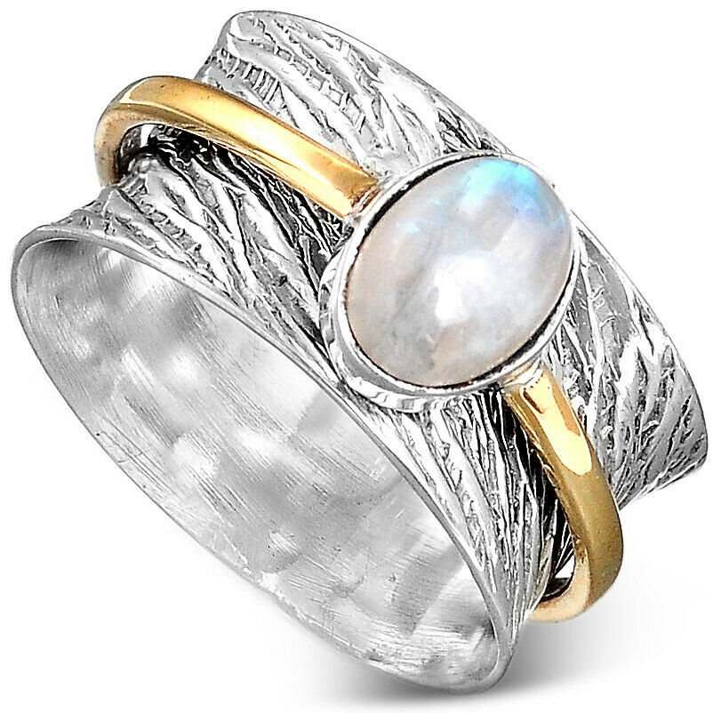 Sterling Silver 925 Moonstone Spinner Ring White Stone Band Meditation Size 7 8