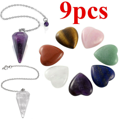 9pcs Set Heart Amethyst Crystal Pendulum Chakra Worry Stone Meditation Healing