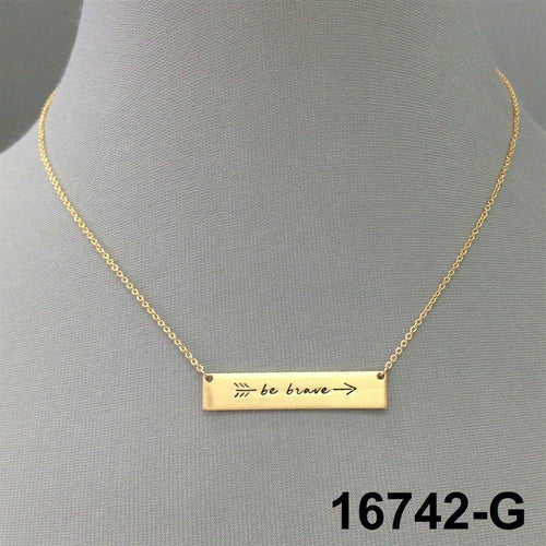 Elegant Simple Gold Finish BE BRAVE Phrase Engraved Bar Pendant Necklace