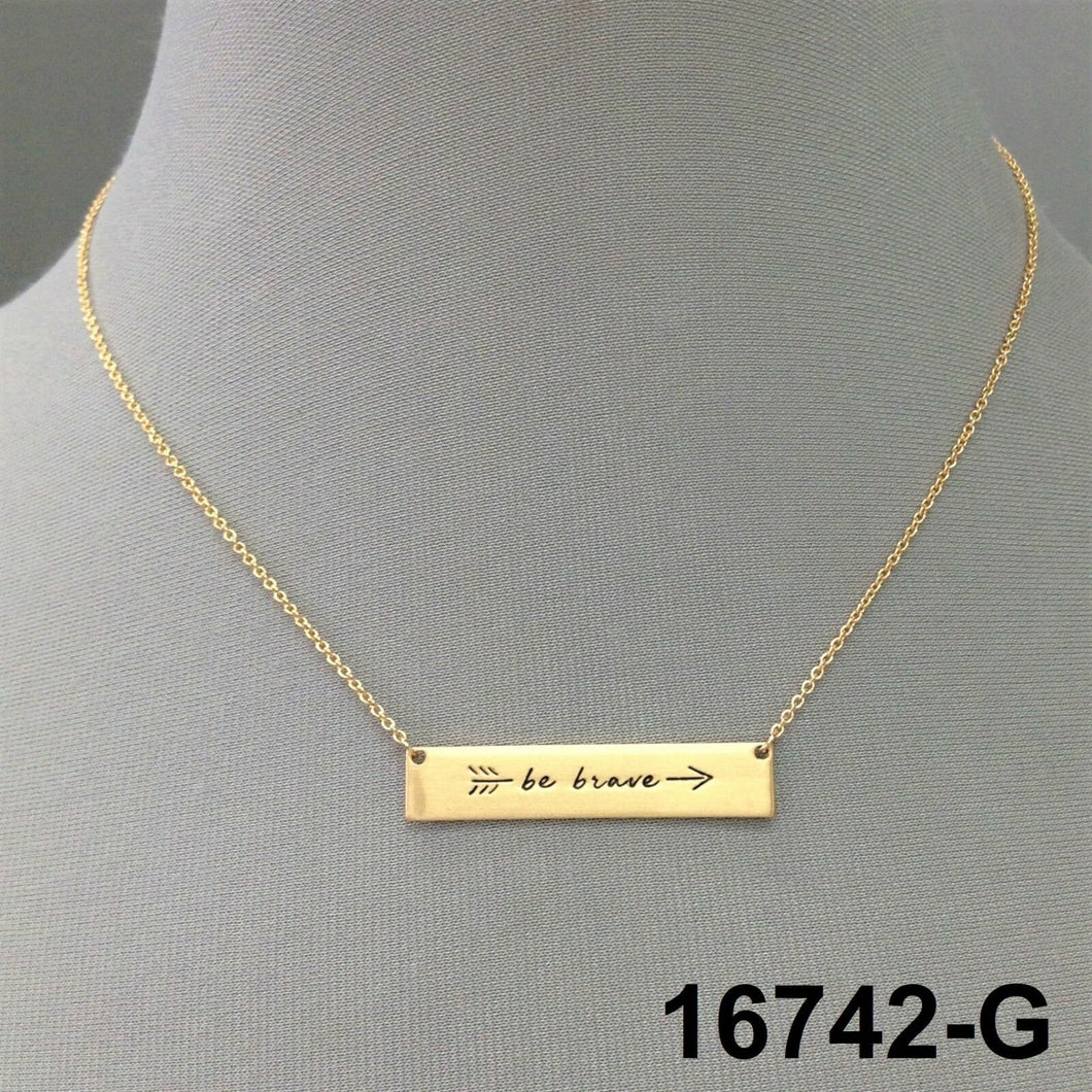 Elegant Simple Gold Finish BE BRAVE Phrase Engraved Bar Pendant Necklace