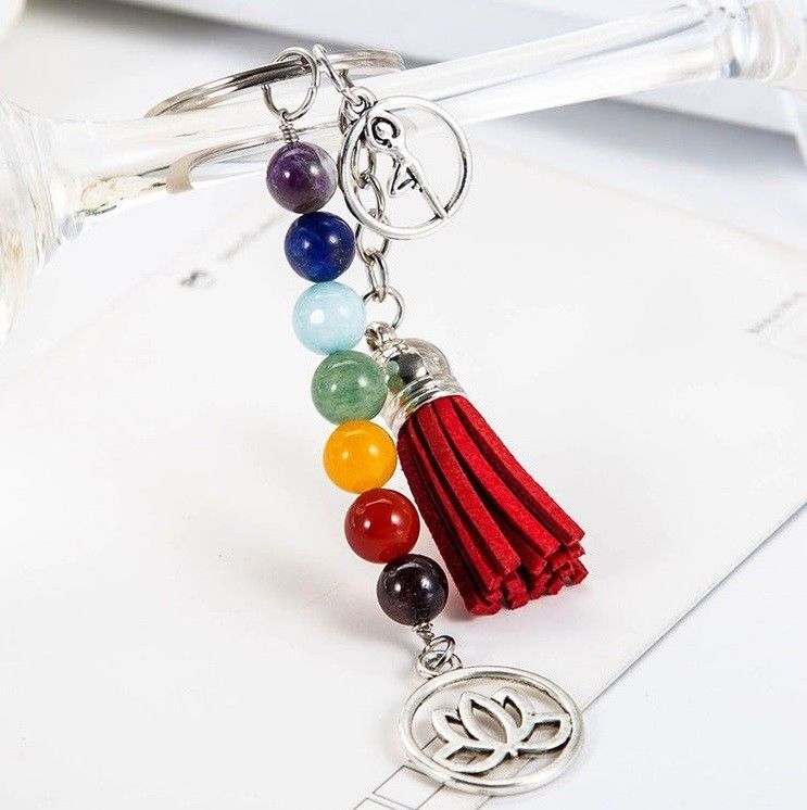 Chakra Stone Beads Keychain, Lotus & Tassel, Reiki Yoga Meditation Gift Jewelry