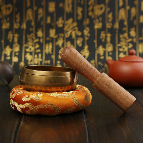 Tibetan Meditation Yoga Singing Bowl Handmade Brass Handmade Cushion + Mahogany