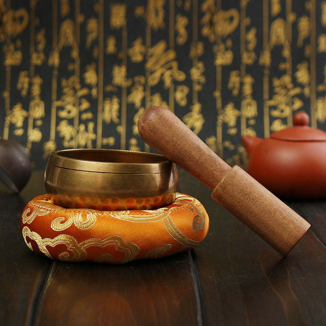 Tibetan Meditation Yoga Singing Bowl Handmade Brass Handmade Cushion + Mahogany