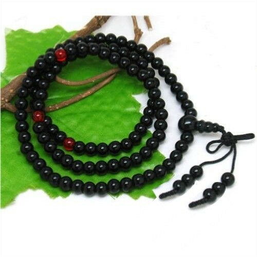 Tibetan 108 6*5 mm Black Agate Meditation Buddhist Prayer Beads Mala Necklace