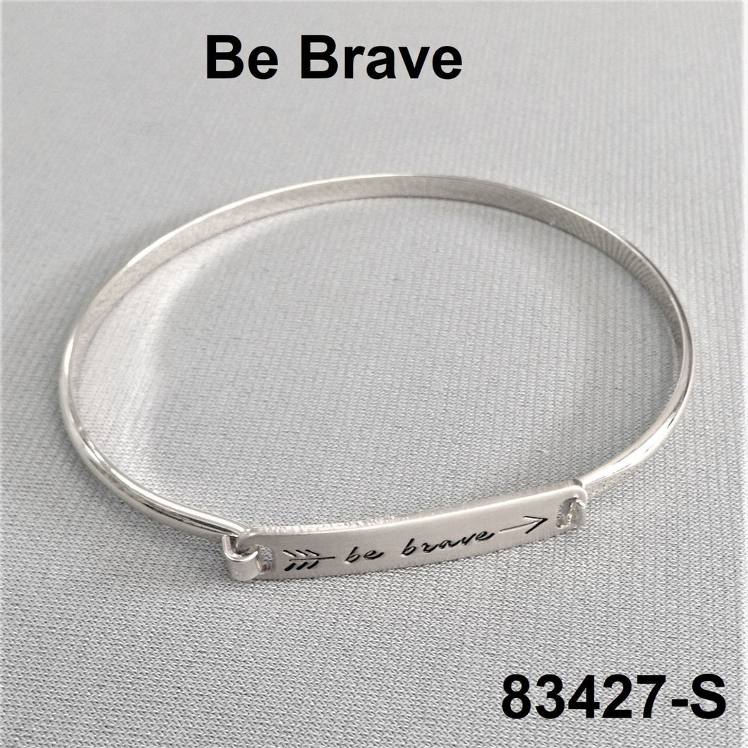 Silver Finish BE BRAVE Message Engraved Bar Brass Bangle Bracelet