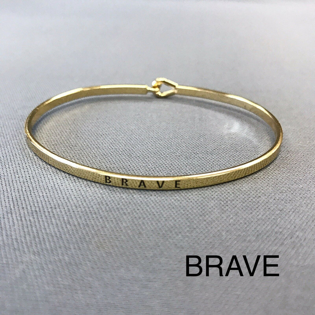 Gold finished BRAVE Message Engraved Vintage Brass Classic Bangle Bracelet