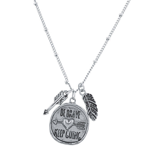 Lux Accessories Burnished Silver Tone Be Brave Keep Going Charm Necklace