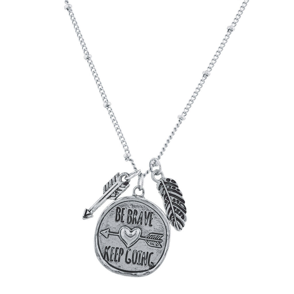 Lux Accessories Burnished Silver Tone Be Brave Keep Going Charm Necklace